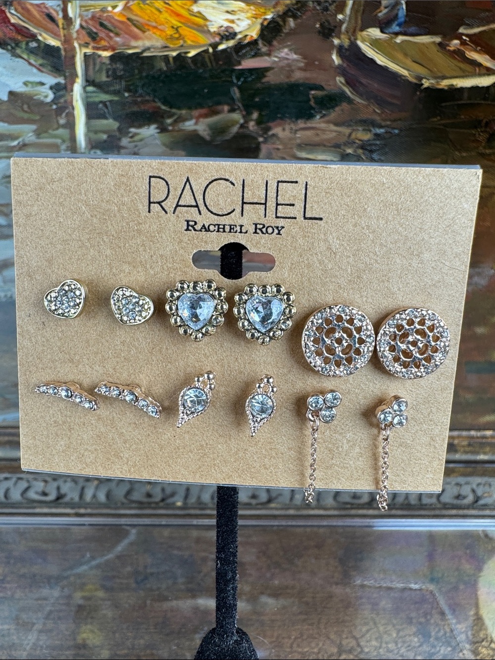 0562RACHEL Rachel Roy Rose Gold- Gold Crystal Geometric Stud & Chain Earring Set